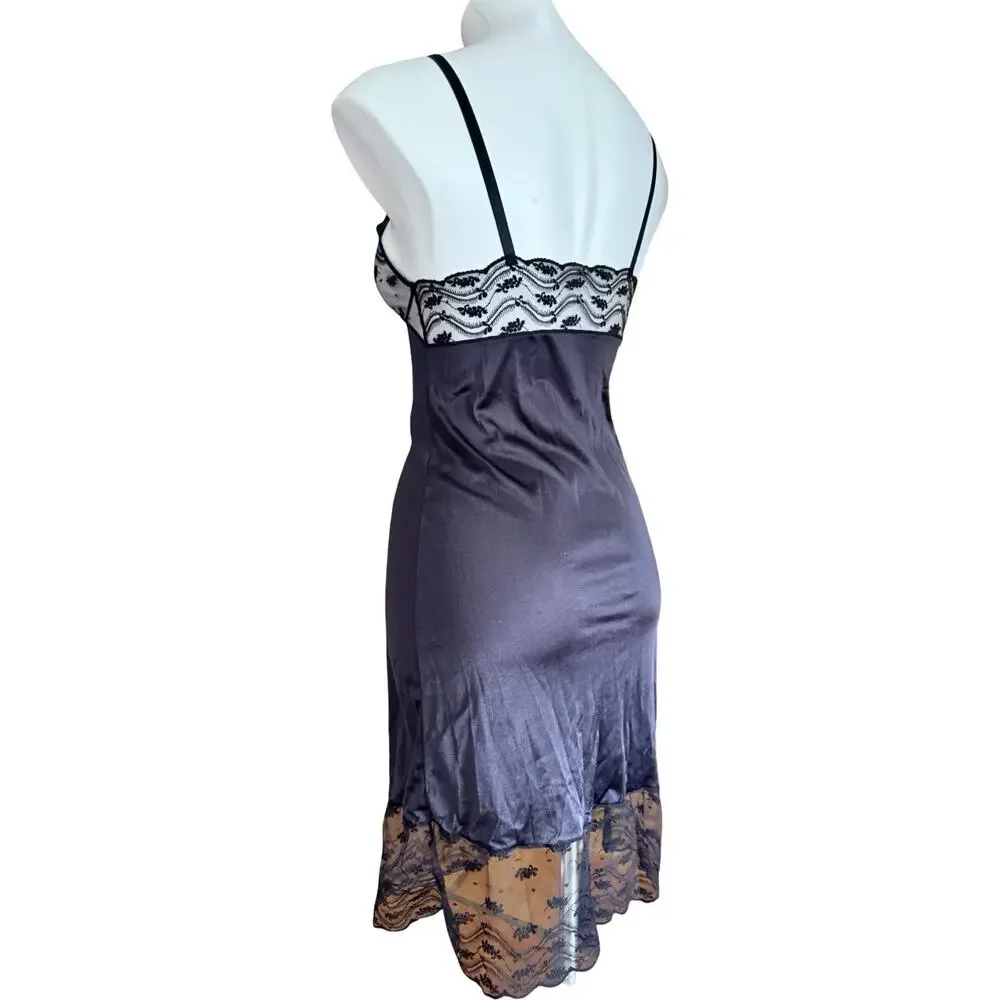Vintage Black Nylon Lace Slip Dress XS S Goth Coquette Dark Romantic Grunge